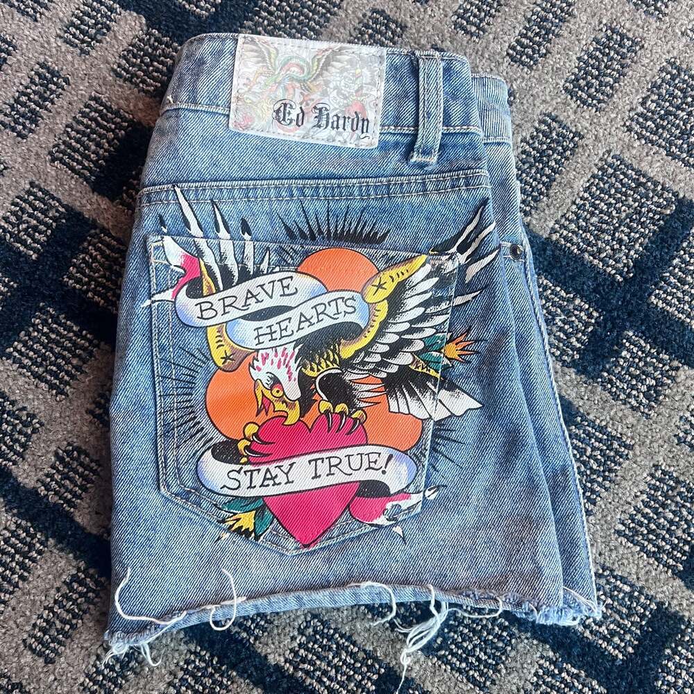 Ed Hardy Denim Script Cutoff Mini Skirt Brave Hearts Stay True Eagle Y2K Small